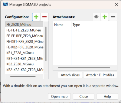 Manage SIGMA3D projects dialog