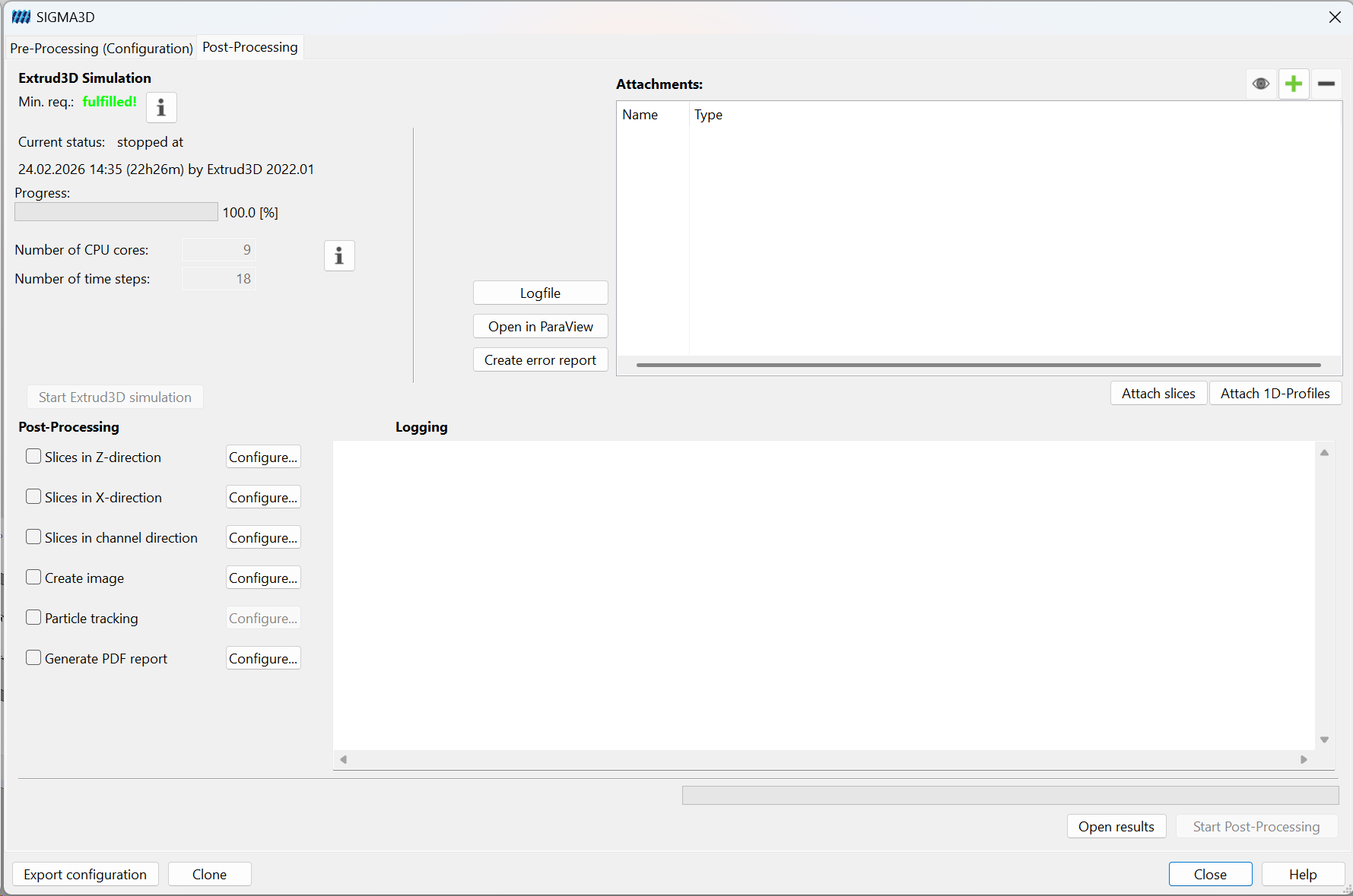 Completed simulation example (status stopped at 100%)
