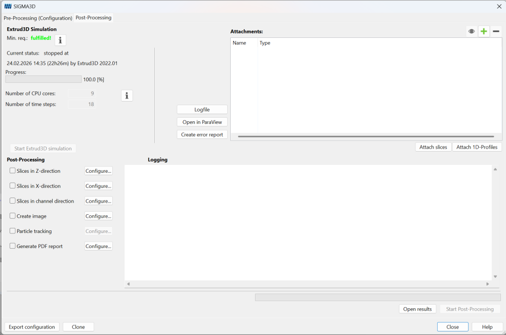 Completed simulation example (status stopped at 100%)