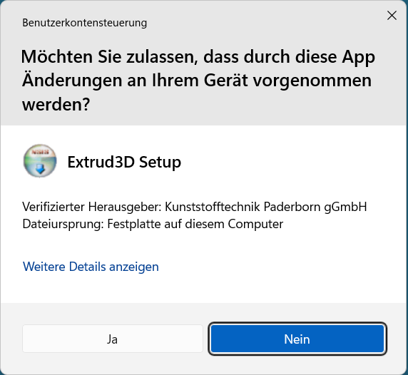 **UAC-Abfrage:** „Extrud3D Setup“ möchte Änderungen am Gerät vornehmen – mit **Ja** bestätigen.