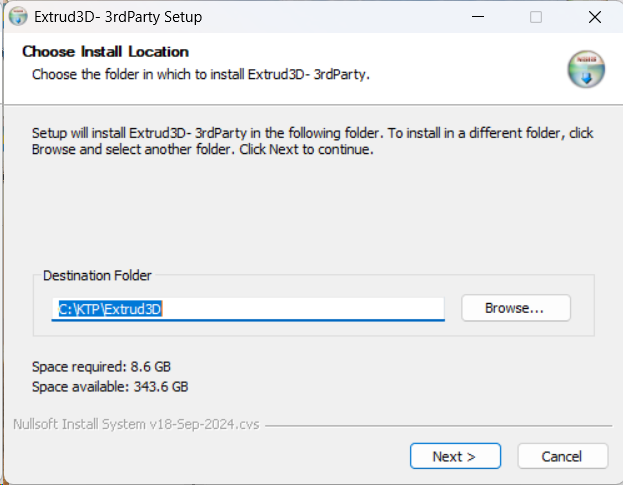 **Choose Install Location:** Standardpfad (hier **C:\\KTP\\Extrud3D**). Bei Bedarf über **Browse…** ändern und mit **Next** fortfahren.