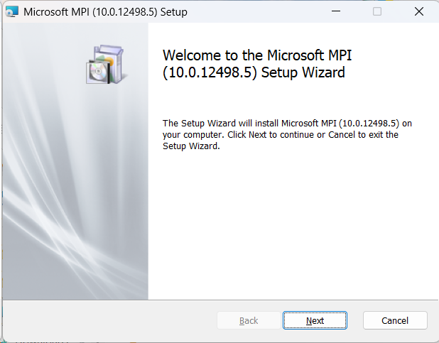 **Microsoft MPI – Welcome:** Setup-Assistent startet. Mit **Next** fortfahren.