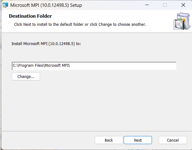 **Destination Folder:** Standardpfad (z. B. **C:\\Program Files\\Microsoft MPI**) belassen und **Next**.