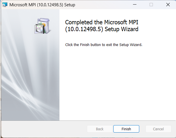 **Completed:** Microsoft MPI wurde installiert – Assistent mit **Finish** beenden.