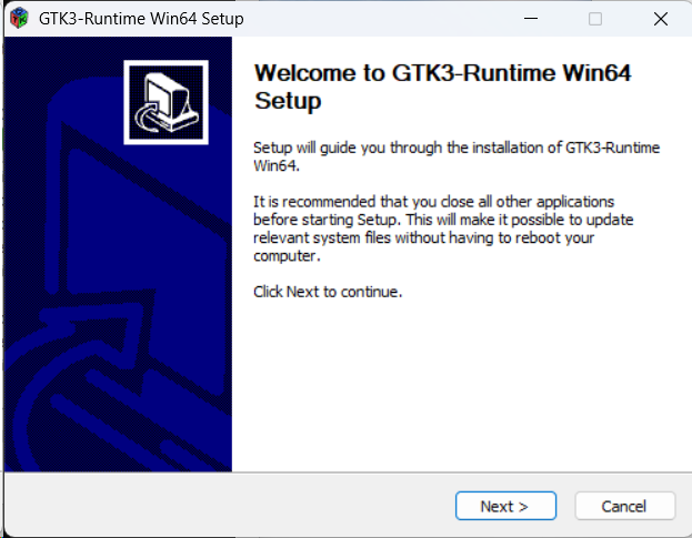 **GTK3 – Welcome:** Setup-Assistent startet. Mit **Next** fortfahren.
