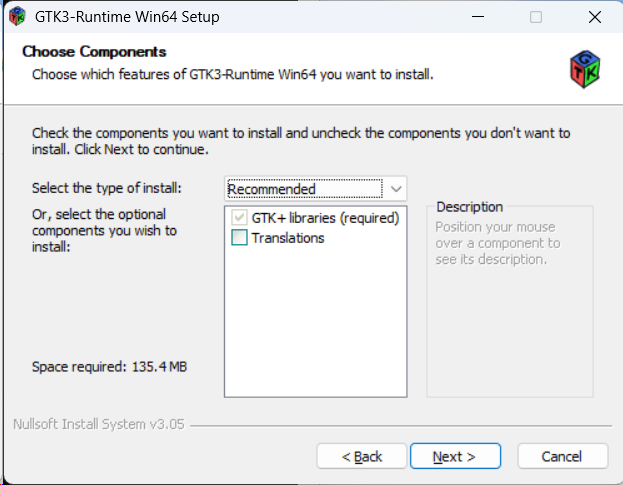 **Choose Components:** Installationstyp **Recommended** belassen. „GTK+ libraries (required)“ ist Pflicht; „Translations“ optional. Mit **Next** weiter.