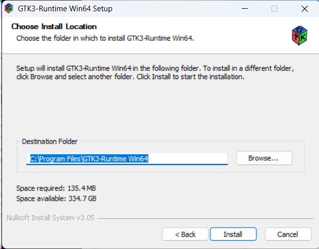 **Choose Install Location:** Standardpfad (z. B. **C:\\Program Files\\GTK3-Runtime Win64**) belassen und mit **Install** starten.