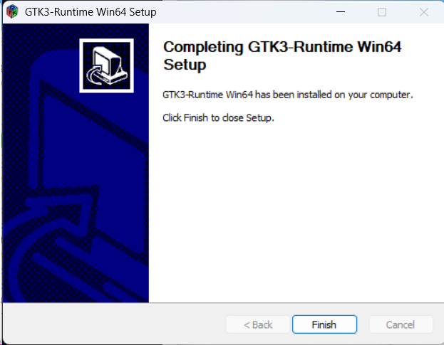 **Completing:** GTK3 Runtime ist installiert – mit **Finish** beenden.